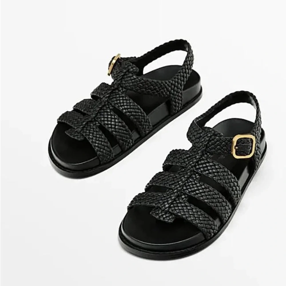 Woven Strap Black Women’s Sandals with Gold Buckle - Picture 1 of 9